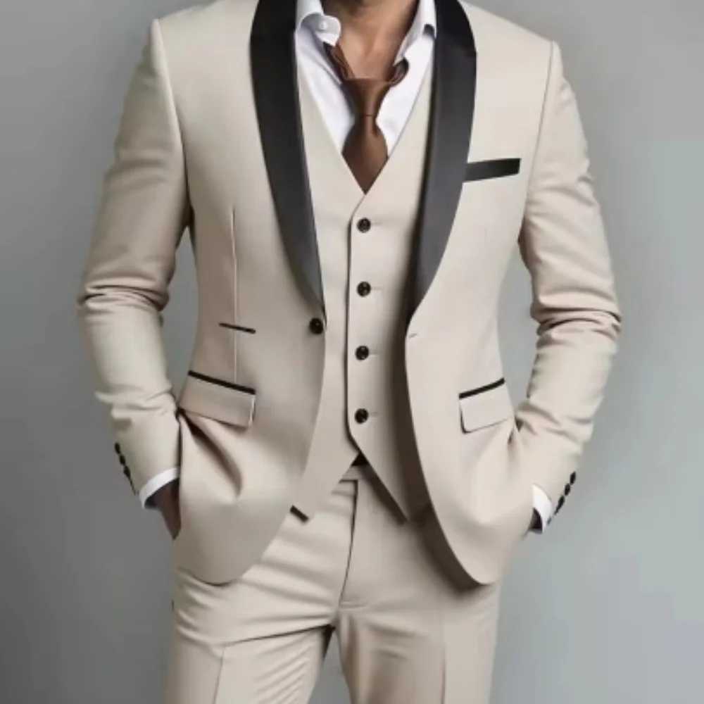 Mens Black White Slim Fit Three Piece Suit Set Large Size Autumn Wedding Party Blazer Coat Pants Vest Fashion Male Outfit M260313