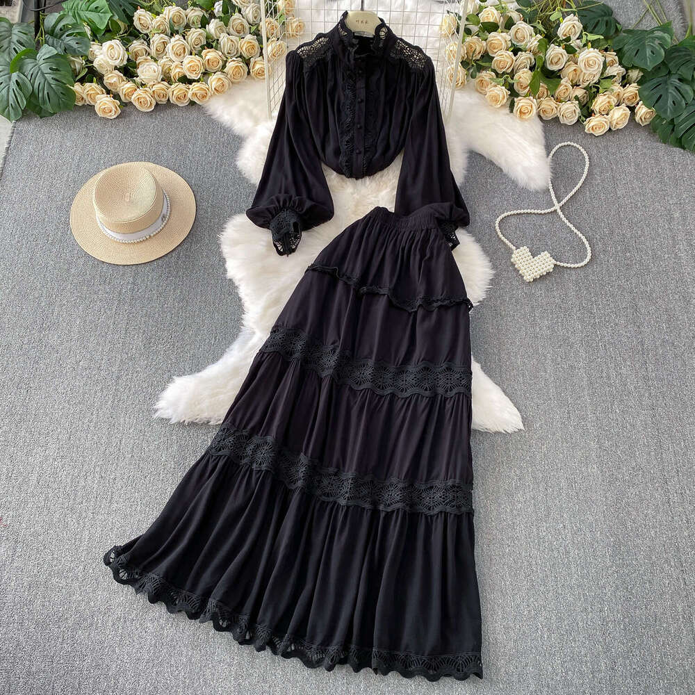 2026 soft style blue thick lace patchwork stand up collar A17 lantern sleeve shirt two-piece set high waist slimming cake skirt