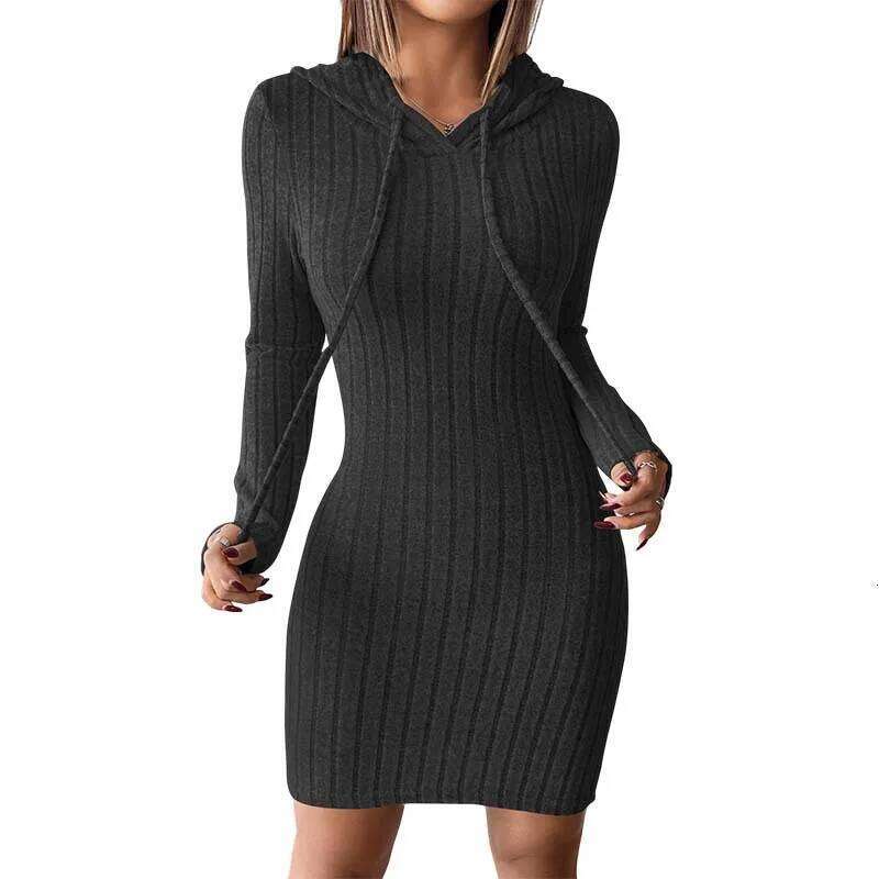 Trendy Ribbed Knitted Hooded Slim Fit with Drawstring Comfortable Slim-Fit Long-Sleeve Versatile Casual Chic Women Dress Z260314