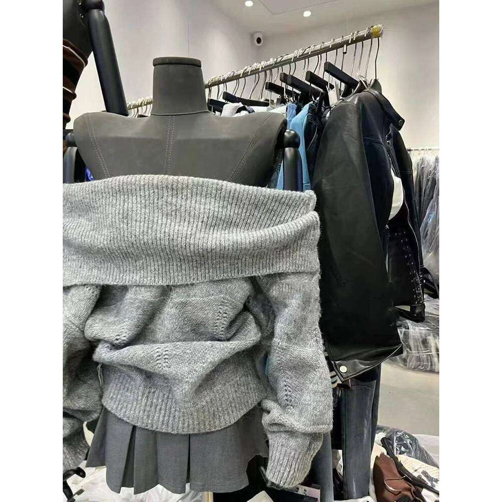 Fashion Slash Neck Knit Sweater Korean Loose Lazy Style Off Shoulder Knitwear Y2K Solid All Match Long Sleeve Female Jumpers Z260314