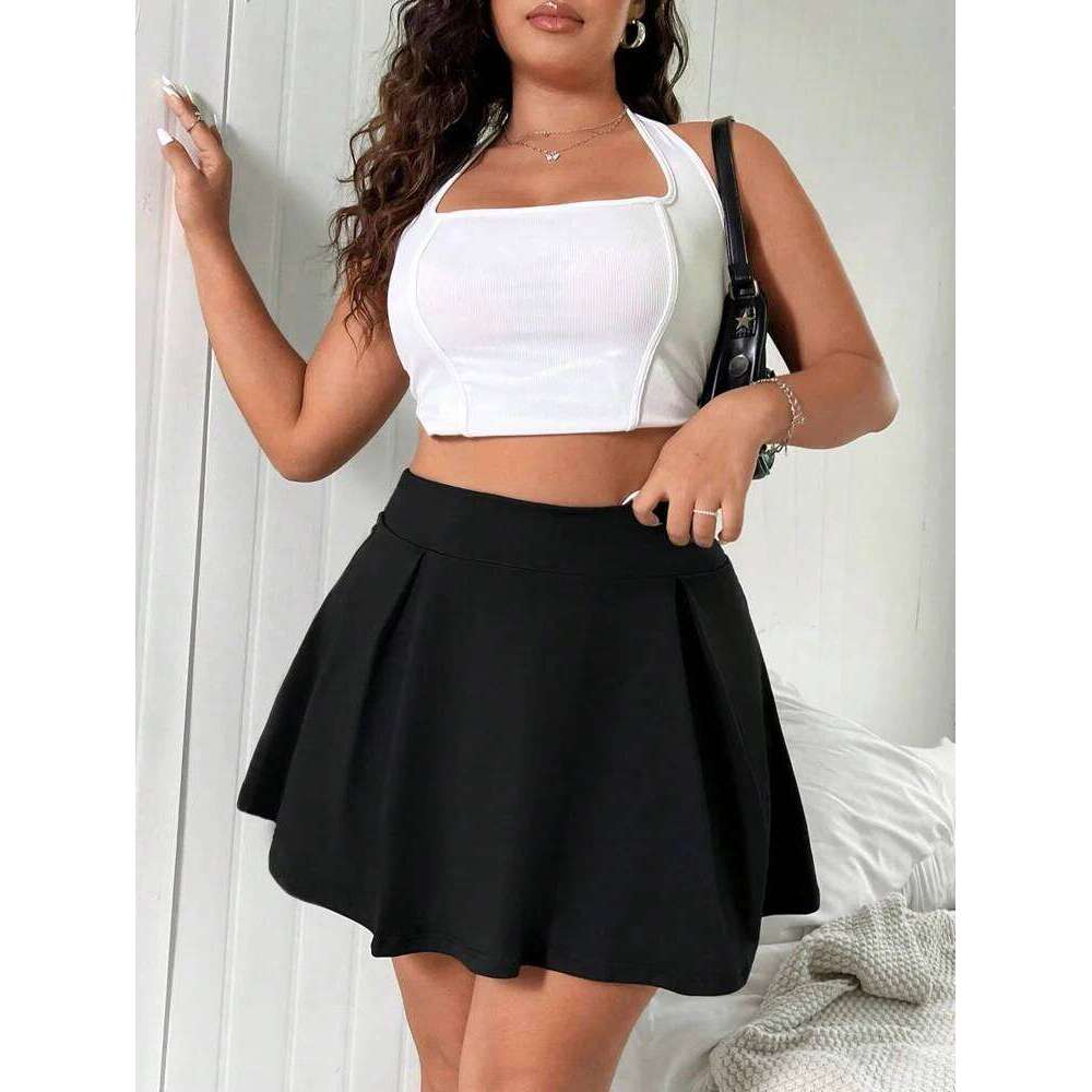 Black Knitted Skirt Plus Size Women's with Built-in Shorts and Pockets Solid Colour Y2K Z260314