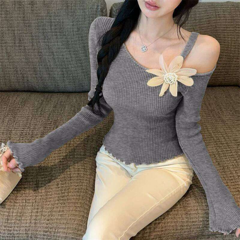 Off Shoulder Sexy Women Casual Sweaters Autumn Winter Long Sleeve Korean Style Y2k Clothes Slim Flower Knitted Tops Pullovers Z260314