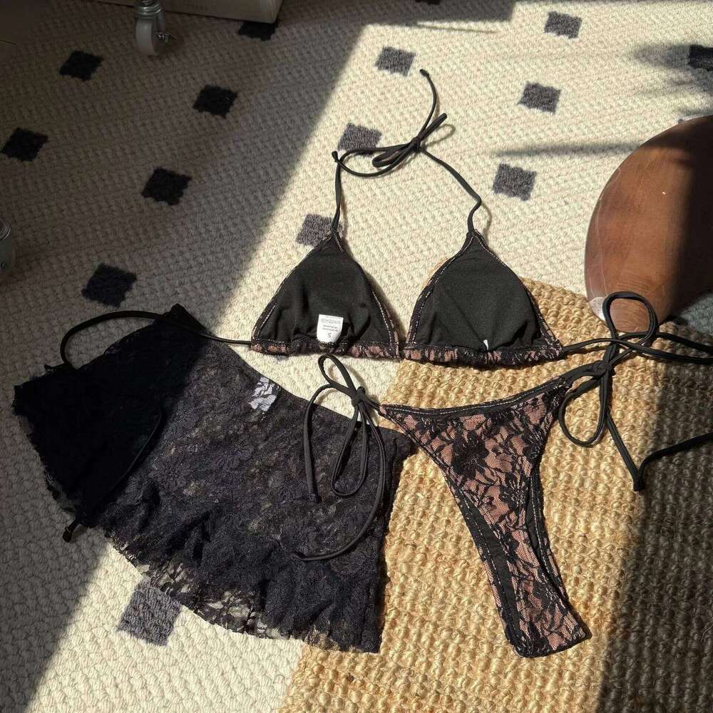 sexy lace micro string halter tie bikinis sets 3pcs with ruffles mini skirt black red color swimwear swimsuit bathing suit Y260303