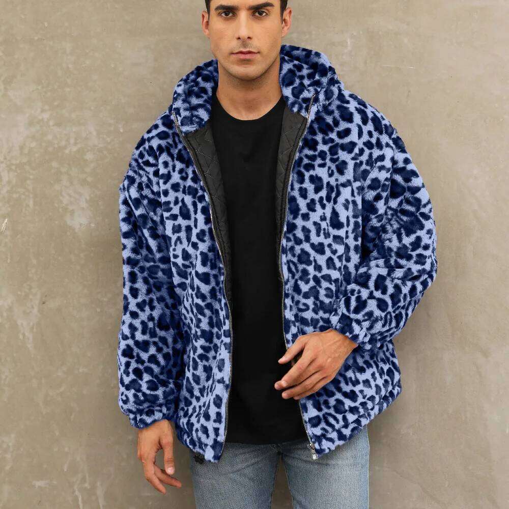 Autumn Winter New Fashion Men's Leopard Casual Trendy Daily Loose Simple Basic Zipper Hooded Faux Fur Coats Male Clothes Tops Z260313