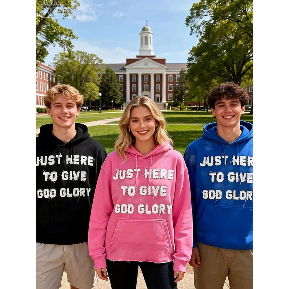 Blue Hoodies for Men Oversize Fall Jacket Letter Embroidery JUST HERE TO GIVE GOD GLORY Street Hip-hop Style Hoodie Unisex Z260315