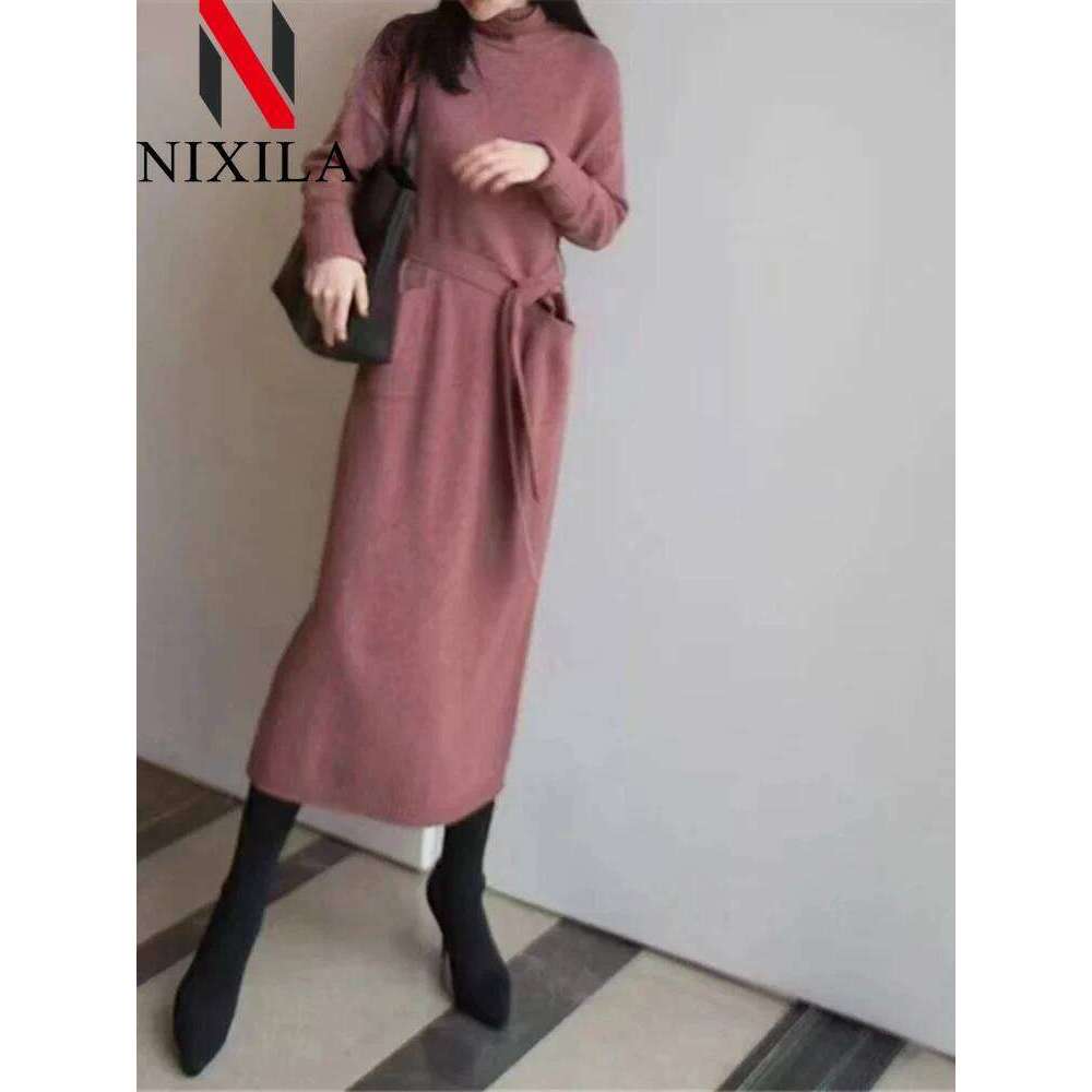 New in Autumn Winter Knitted Fashion Pullover Mid-length Turtleneck Dress Solid Color Pocket Sweater Long Dresses Woman Clothing Z260313