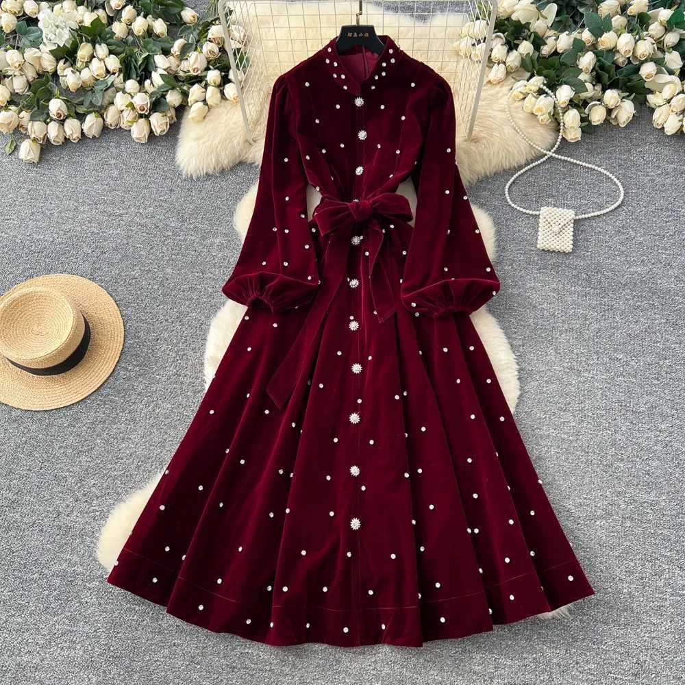 Women Rhinestone Lace Up Dresses Velvet Solid Dress A Line Lantern Sleeve Ankle Lenth Single Breasted Casual Elegant 2025 AutumnT260314