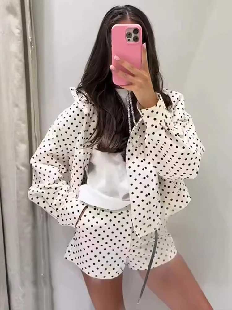 Fashion Polka Dot Shorts Sets For Women 2025 Autumn Drawstring Bomber Jacket High Waist Shorts 2 Pieces Set Woman Outfits M260313