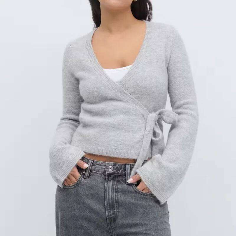 Womens Y2k Long Sleeve Wrap Knit Tops Solid V Neck Side Tie Sweater Shirts Lightweight Open Front Pullover Cardigans Streetwear Z260314