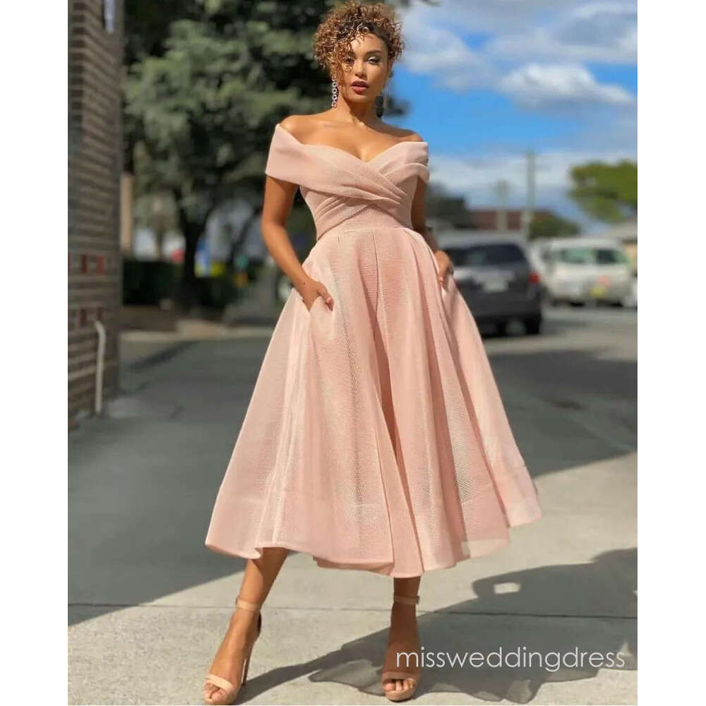Rose Pink Cocktail Dresses with Pocket A Line Off the Shoulder Tea Length Prom Dress Custom Made Homecoming Gowns Tulle D07