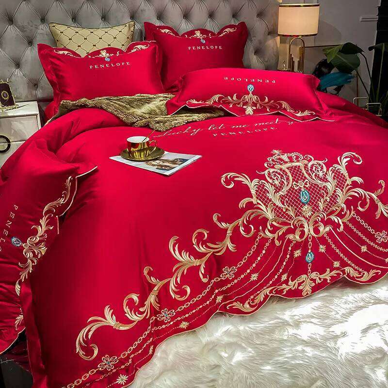 4pcs Gray Sateen Gold Embroidery Satin Cotton Bedding Set Double Queen King Comforter Cover Bed Sheet Pillowcases 48x74cm H260312 - view 4