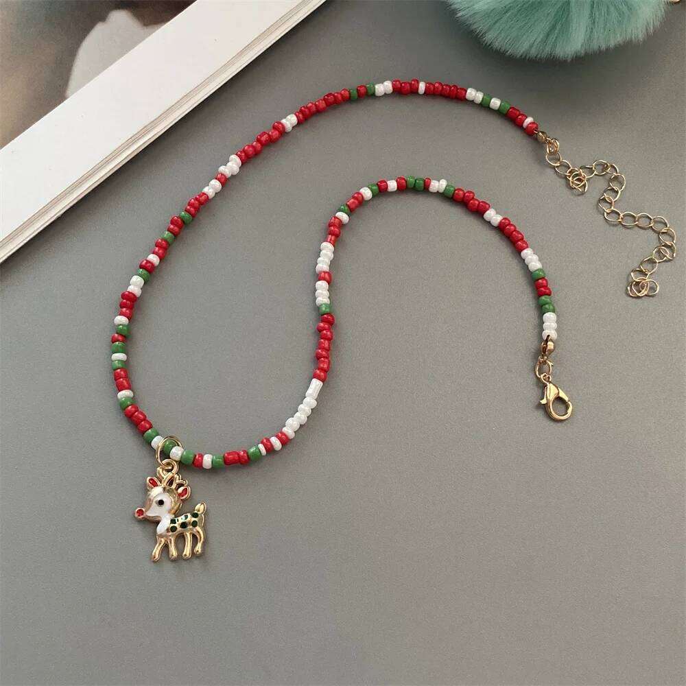 Christmas Necklaces for Women Girls Handmade Rice Beads X'mas Tree Santa Claus Snowman Gift Necklace Pendant New Year Jewelry H260312