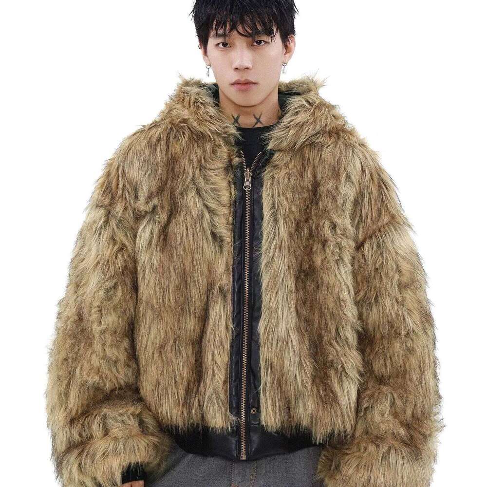 Luxury Vintage Short American Faux Fur Coat Reversible Wear Hooded Warm Pu Leather Jacket Winter Thick Chic Outerwear New Z260313