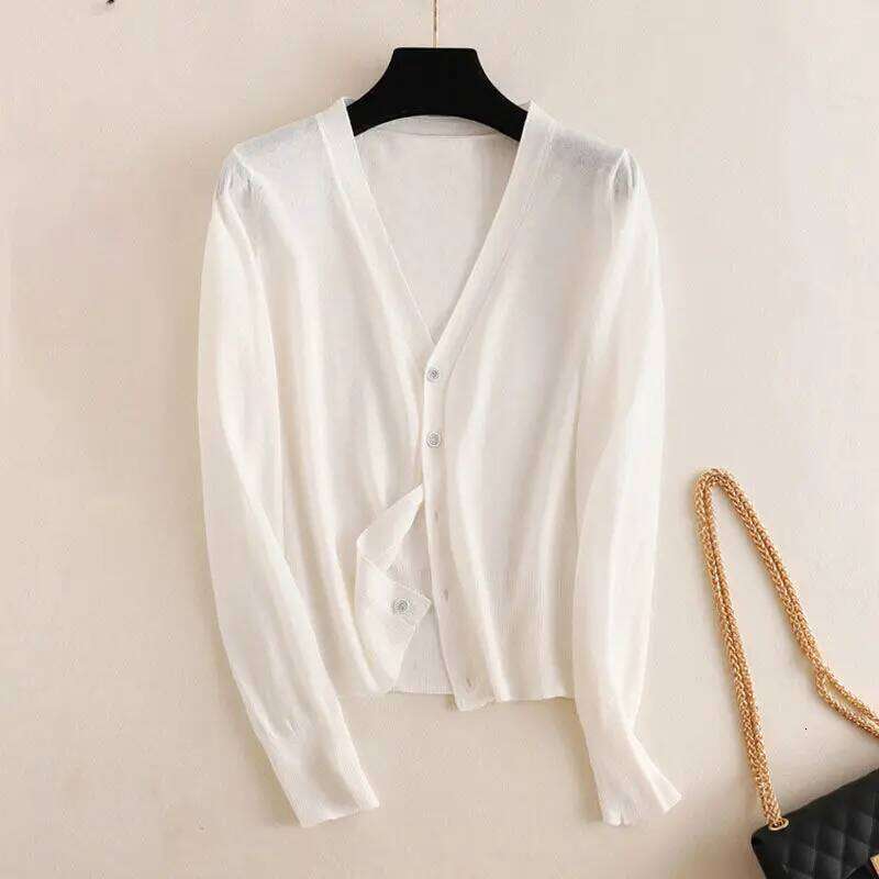 Women Clothing Fashion Knit Thin Long Sleeve Shirts Summer Casual Loose Solid V-neck Blouses Lady All-match Chic Sunscreen Tops Z260313