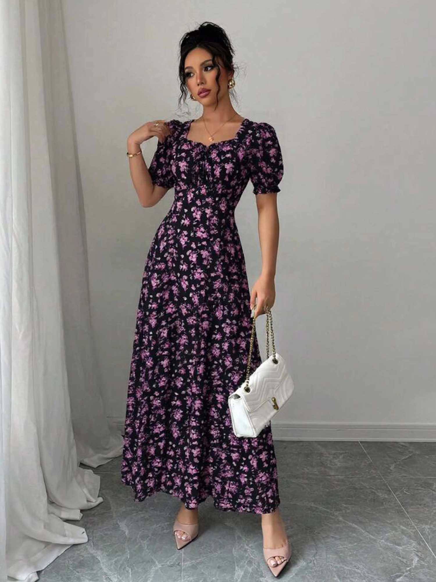 Womens Summer Elegant Casual Puff Sleeve Square Neck Black Floral Print Maxi DressT260314