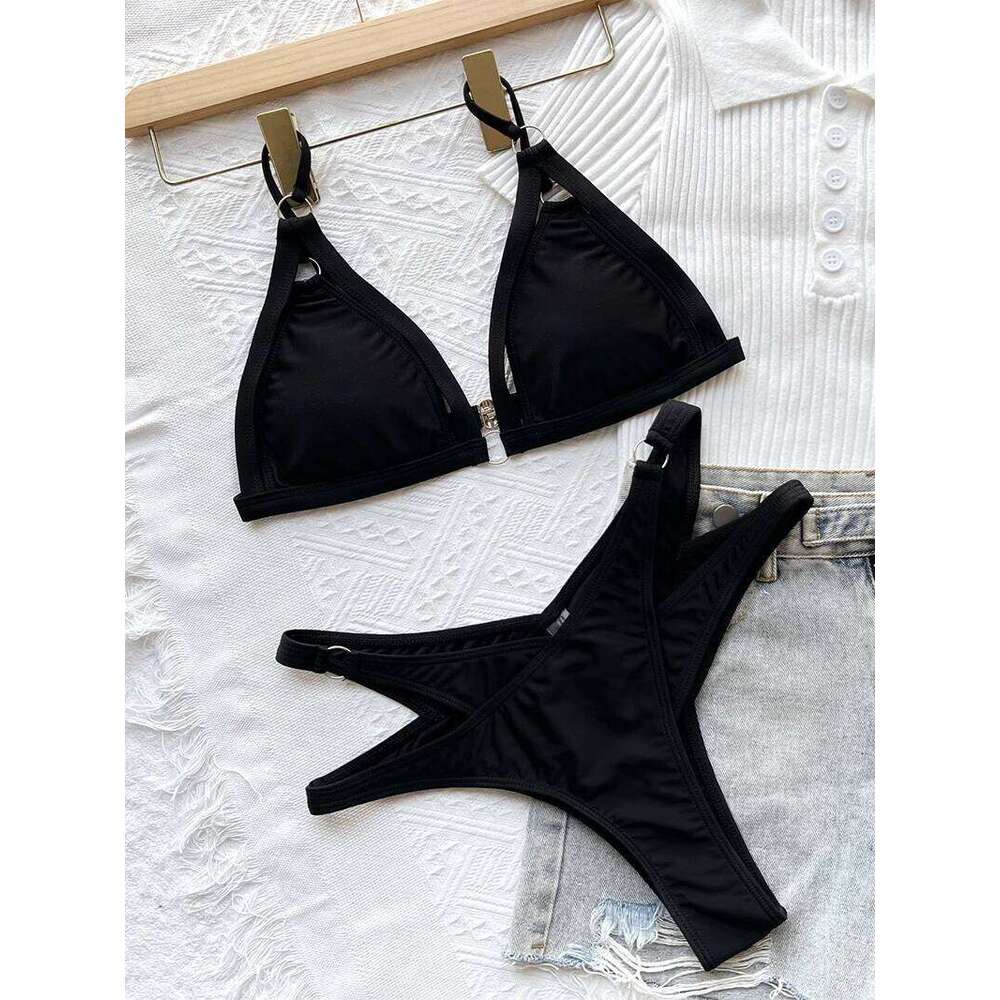 Push Up Women 2026 Sexy Solid Black Swimwear Two Piece Bathing Suit Straps Triangle Hollow Out Thong Bikini Set Swimsuits Y260303