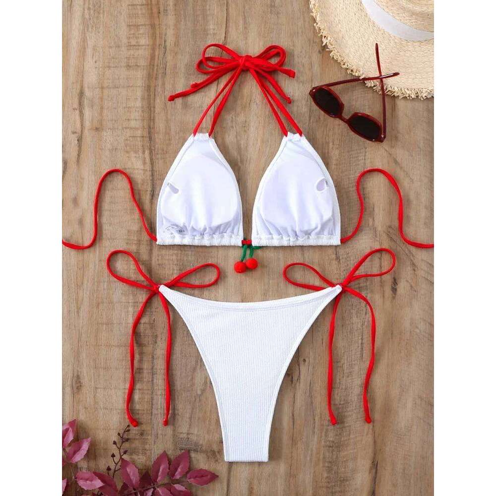 Bikini Women Swimsuit 2026 New White Ribbed Halter Bikinis Set Sexy Lace Up Swimwear Summer Two Piece Beach Bathing Suit Female Y260303