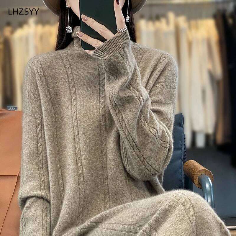 LHZSYY Turtleneck 100% Pure Wool Women's New Autumn Winter Hip Wrap Knit Skirt High-End Sweaters Loose Cashmere Long Dress Z260313