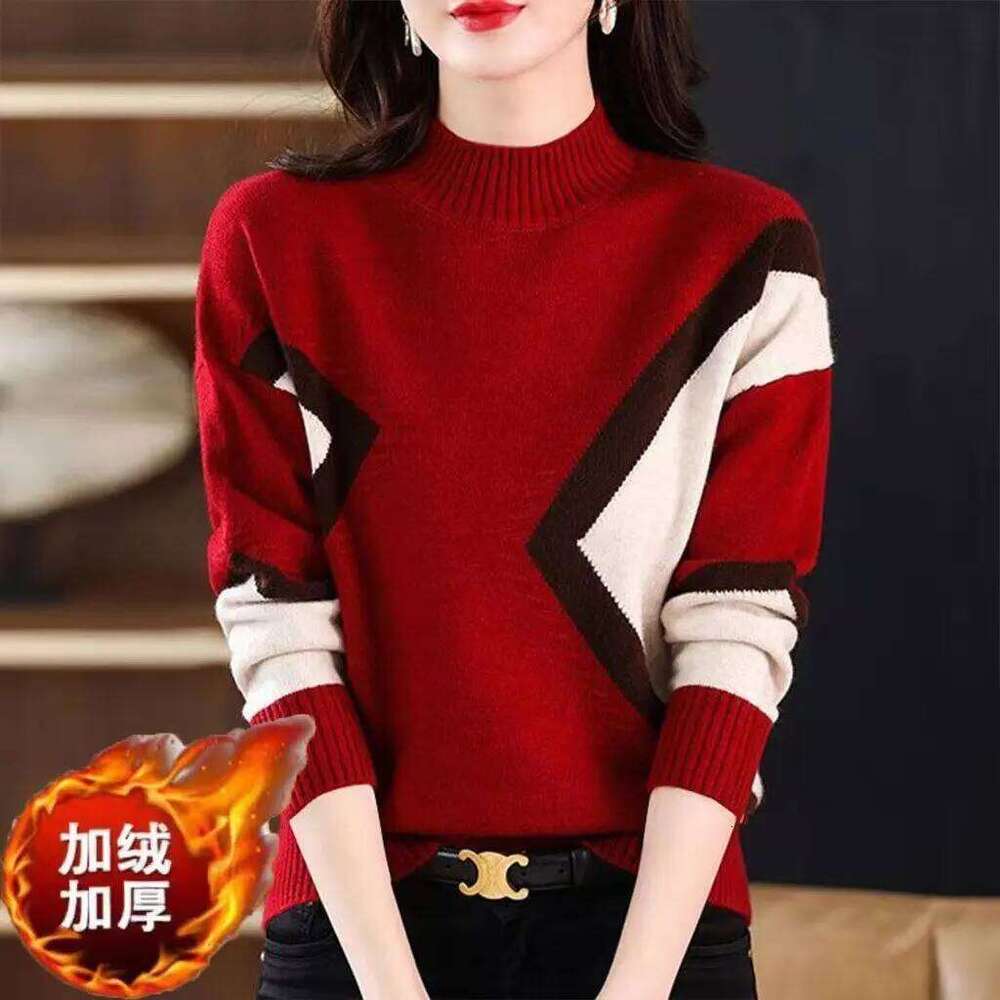 Velvet and Thickened Women's Top 2024 New Autumn/Winter Korean Edition Color Block Knitted Half High Neck Sweater Z260313