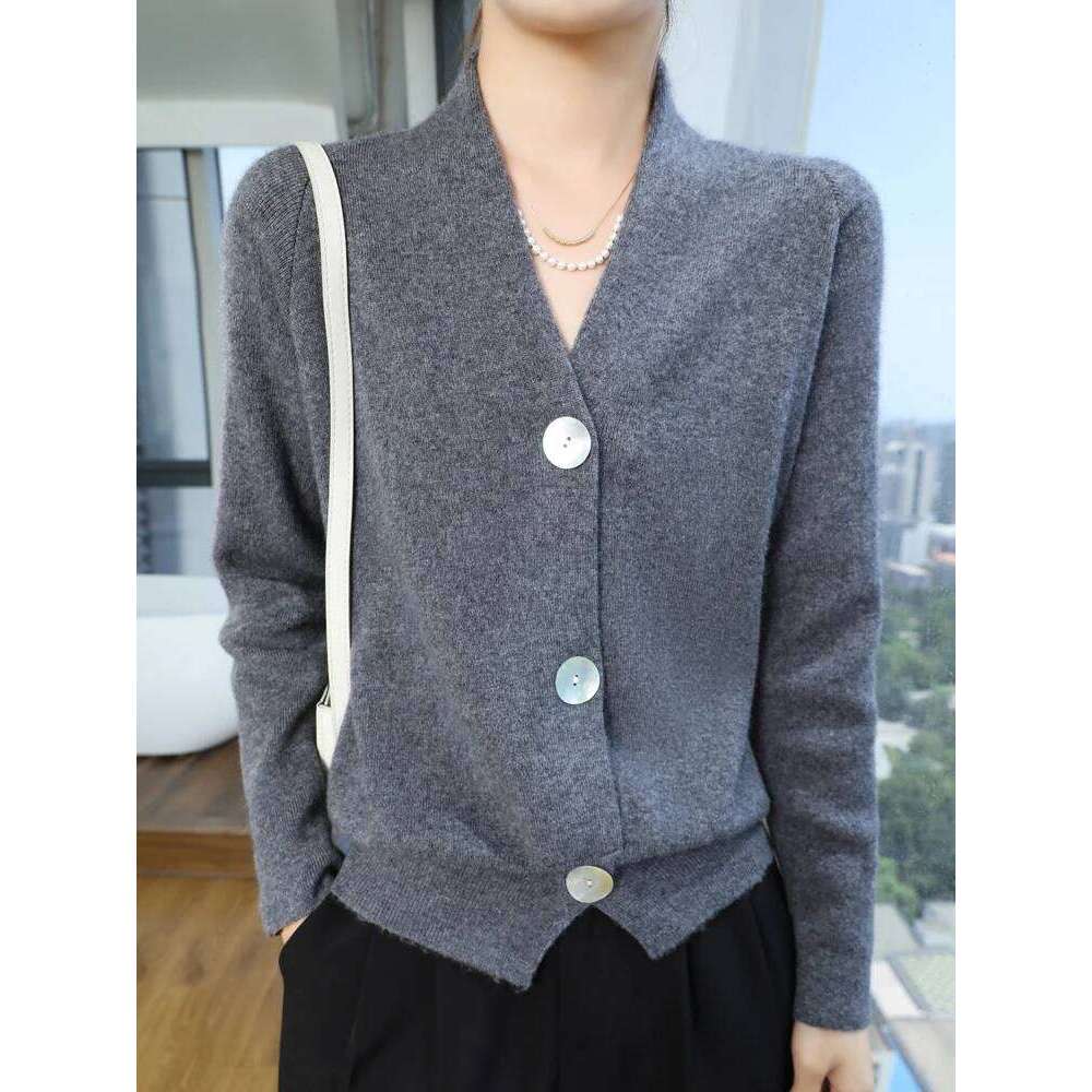 Women Sweater V-neck Cardigan Autumn Winter 30% Cashmere And 70% Merino Wool Knitwear Long Sleeve Soft Solid Grace Tops Z260313