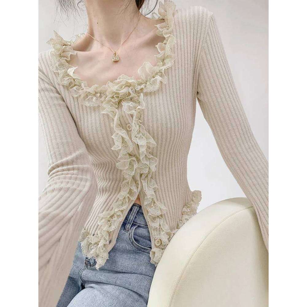 2025 Square Collar Lace Edge Splicing Long Sleeve Knitted Sweater Women's Retro Short Style Slim Tops Single-breasted Cardigan Z260313