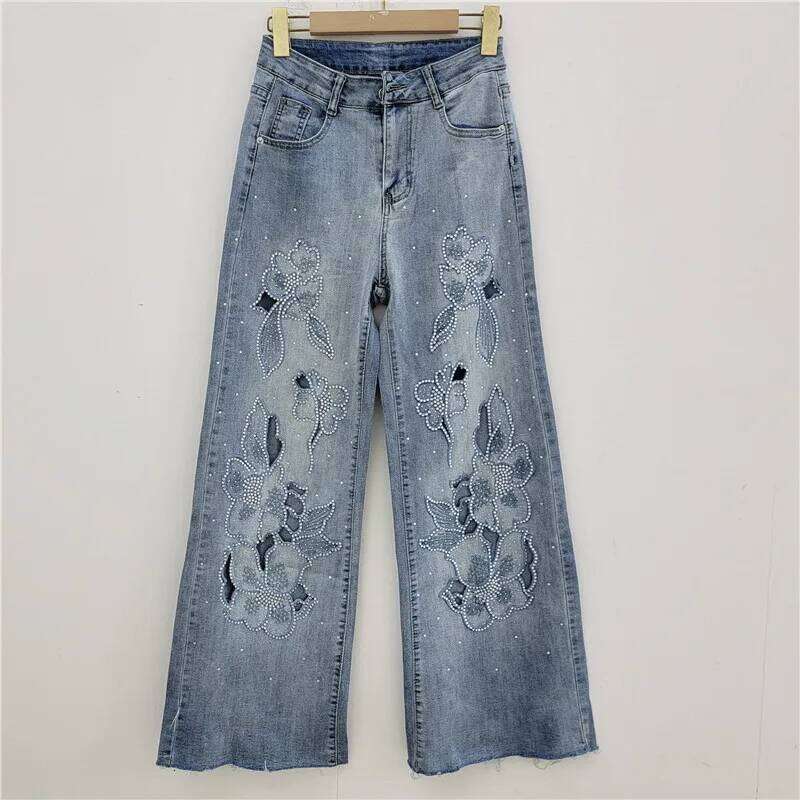 YEAE Women's Jeans High Waist Embroidery Flowers Burrs Edge Straight Wide Leg Denim Pants 2025 New Fashion Spring Z260313