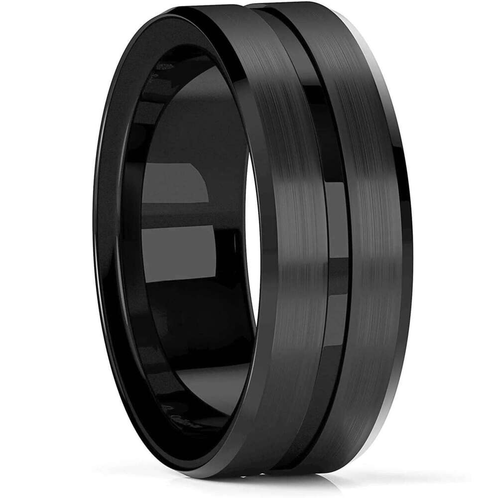 Fashion Men's 8mm Gold Color Groove Beveled Edge Tungsten Wedding Carbon Fiber Punk Gear Wheel Stainless Steel Ring For Men