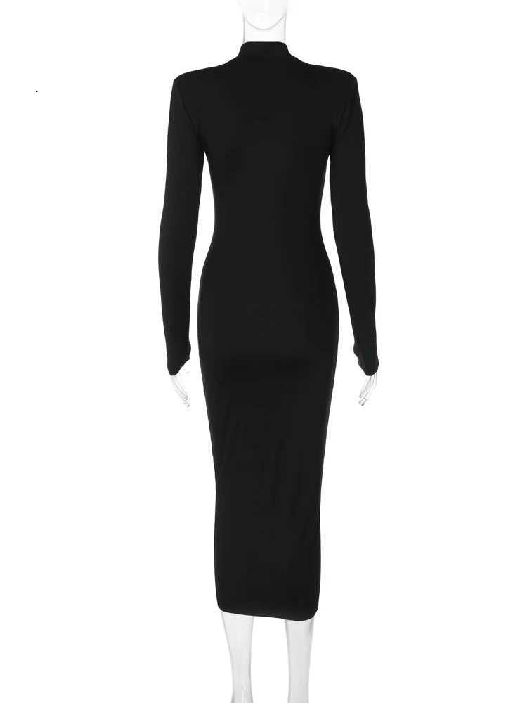 Hugcitar Women Fashion Turtleneck Long Sleeves Black Sexy Bodycon Maxi Prom Dress Fall Casual Clothes Streetwear Party FestivalT260316