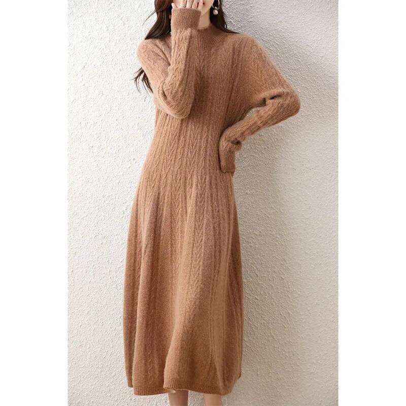Elegant Fashion Dresses Cashmere Sweater Knitted Long Dress 100% Merino Wool Women Turtleneck Office Skirt Autumn Winter Clothes Z260314