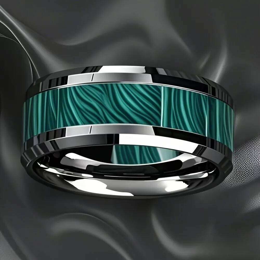 Wholesale 8MM Imitation of Peacock Stone Inlay Men's Stainless Rings Silver Color Wedding Band Jewelry for Men Steel Ring H260312
