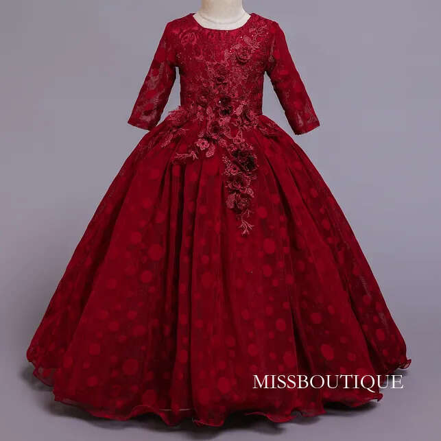 Adorable White Ball Gown Flower Girl Dresses Princess Sheer Long Sleeves Lace Appliques Jewel Neck Toddler Birthday Dot Party Gowns 403 B0313