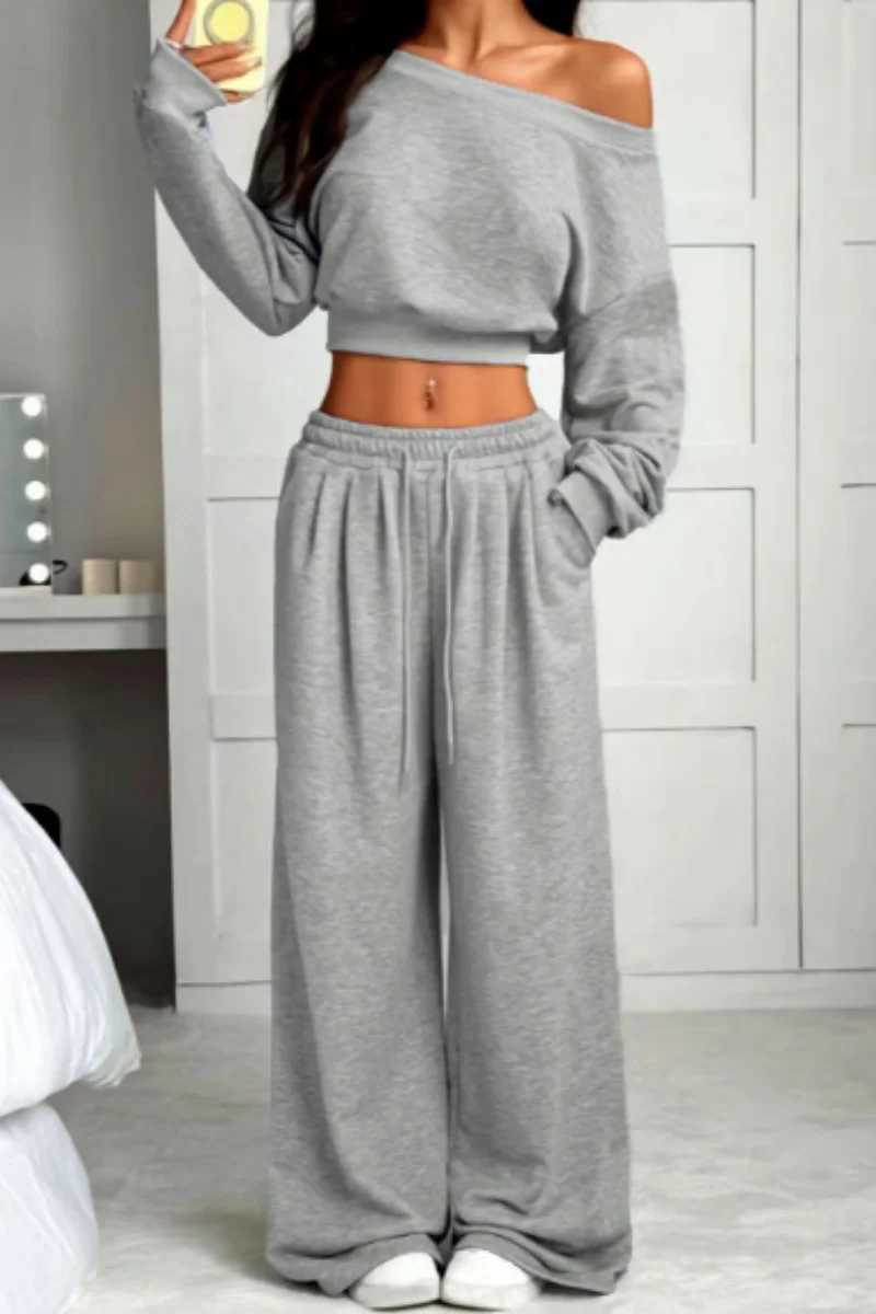 Oversized womens autumn and winter sports pure color off-shoulder long sleeve hoodie set pure color waist drawstring elastic w M260313