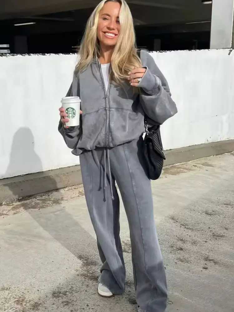 HH Womens Fall 2-Piece Retro Solid Color Zip Bomber Jacket SweatshirtHigh Waist Lace Up Womens Wide Leg Pants Street Wear M260313