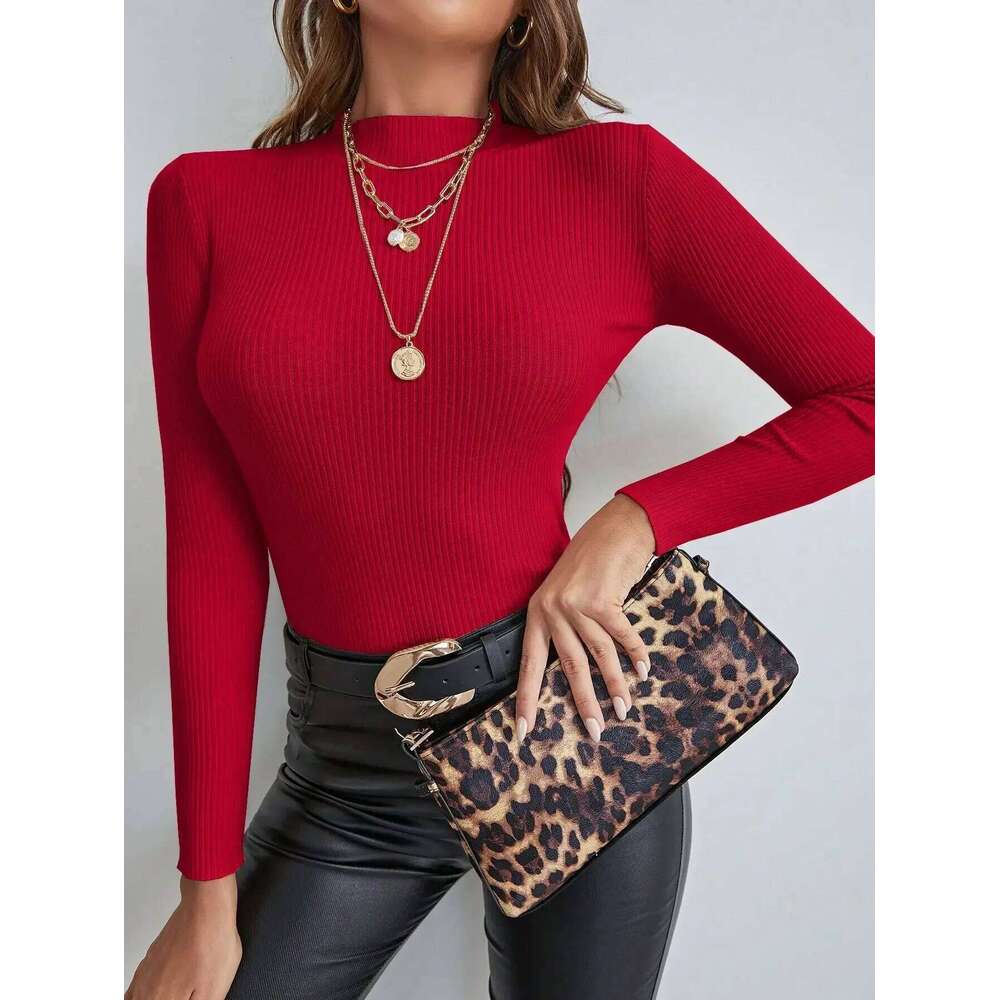 Gray Knitted Sweater For Women Basic Pullovers Slim Fit Stand Collar Long Sleeve Spring Autumn Female Casual Stripes Red Tops Z260313