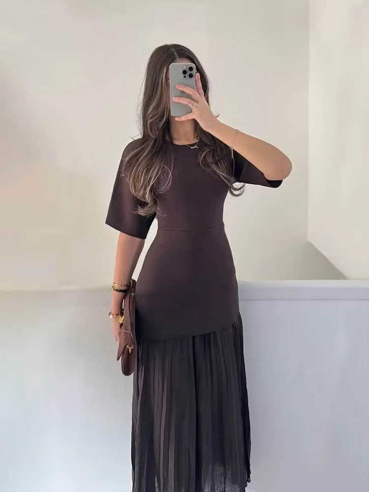 HH Women Elegant Half Sleeves O-Collar Pleated Dress Spring Woman Rear Zipper Splicing Vintage Casual Knitted Long DressT260314