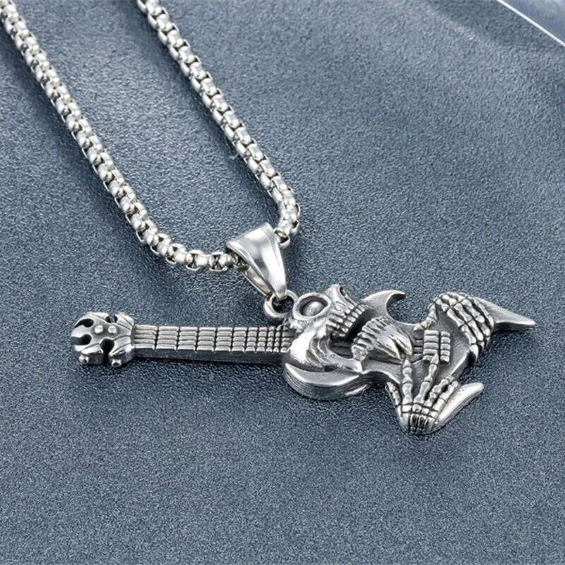 Hip Hop Rock Skeleton Men Guitar Instrument Pendant Necklace Retro Punk Silver Color Stainless Steel Chain Neck Jewelry Gifts H260312