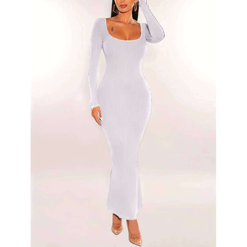 Women Ribbed Knit Sleeve Maxi Slim Fit Solid Color Bodycon Pencil Long Dress Casual Fall Spring Clothes Z260313