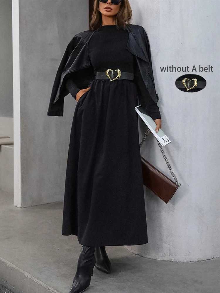 Womens Black Mock Neck Long Sleeve Maxi Dress High Waisted Flowy Skirt Slim Fit Elegant Casual Daily Office Date WearT260314