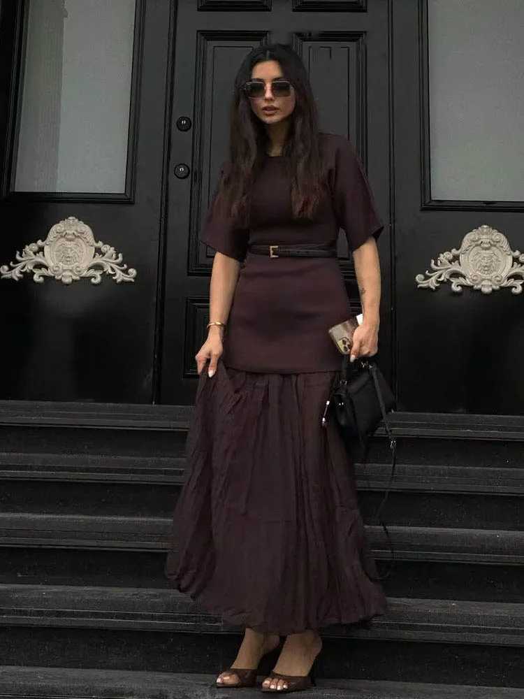 HH Women Elegant Half Sleeves O-Collar Pleated Dress Spring Woman Rear Zipper Splicing Vintage Casual Knitted Long DressT260314