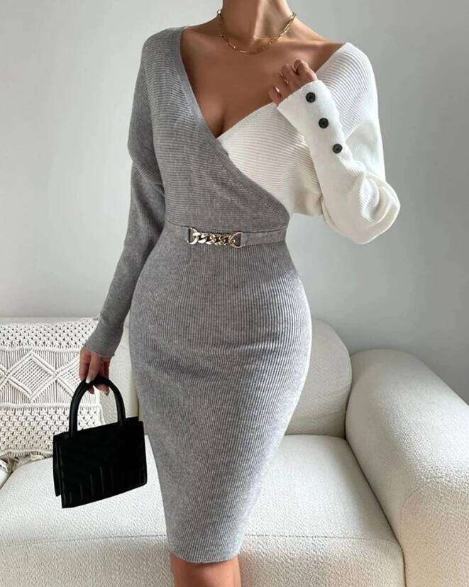 Women's Colorblock Button Decor Long Sleeve Knit Sexy Tight Fitting Hip Hugging Temperament Commuting Casual Dress Z260313