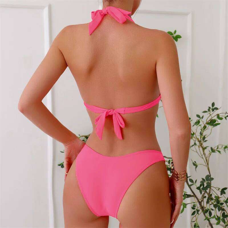 New Sexy Bikini Sets Women 2 Piece Swimsuits Solid Halter Swimwear Watermelon Red Bathing Suit Padded Back Tie Beachwear Y260303