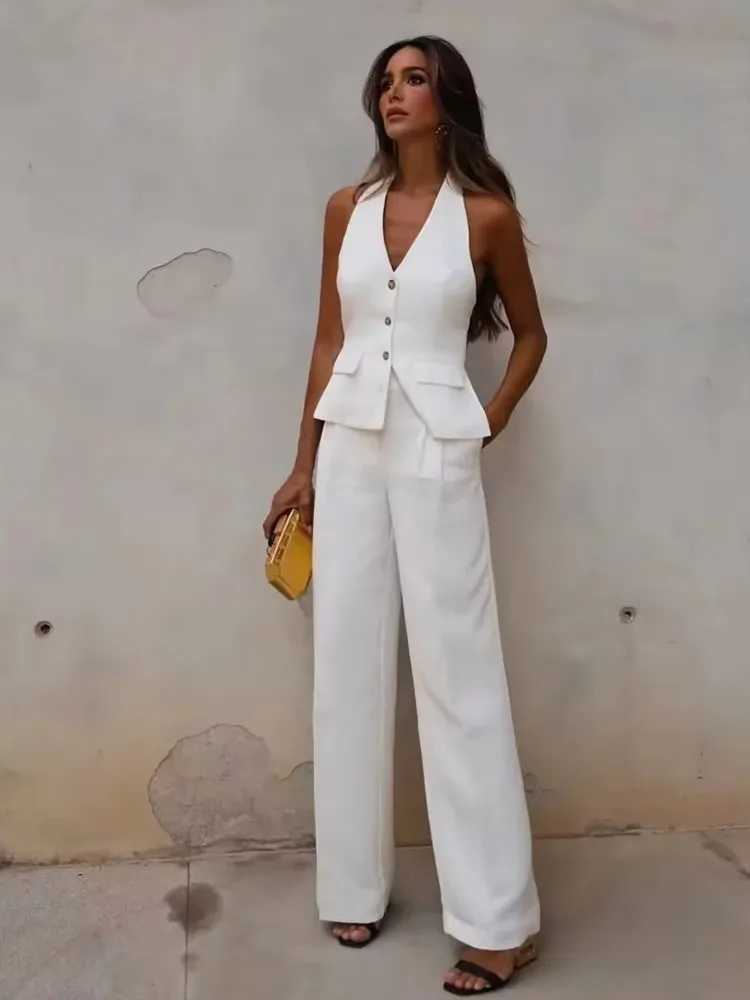 HH Women Fashion Solid Pant Suit Halter Single Breasted Sleeveless Blazer Vest Top Zipper Fly Trousers Office Lady Sets M260313