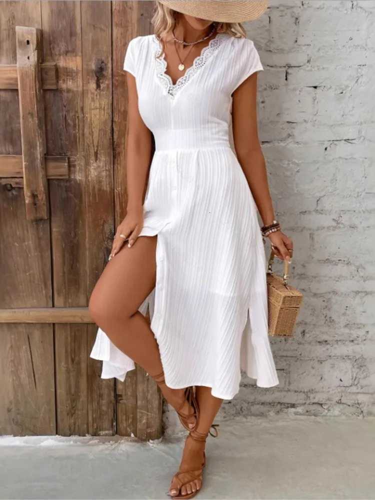 Casual White Lace Dress For Women Fashion Short Sleeve V Neck High Waist Loose Dresses Lady Elegant Holiday Party Skirt SummerT260314