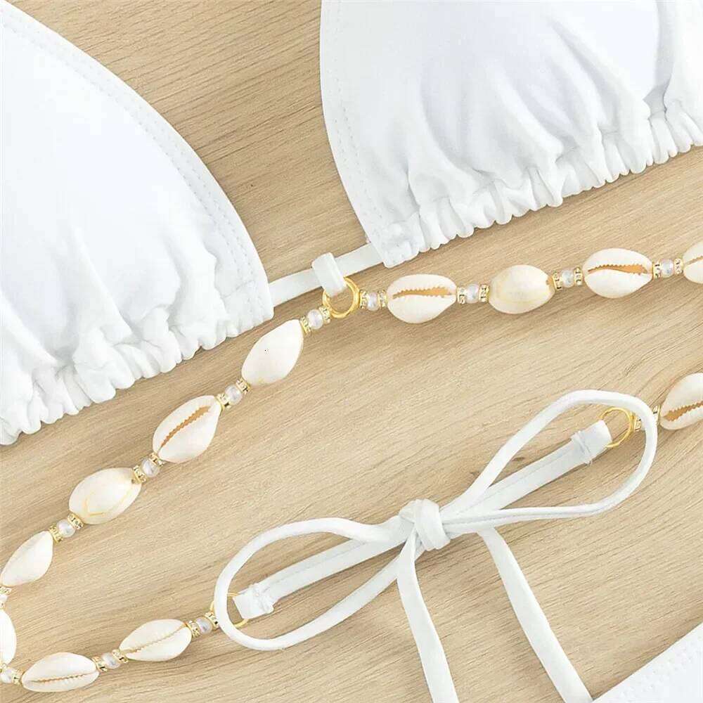 Sexy White Shell String Halter Triangle Bikini Set Women Swimwear Micro Thong Swimsuit Bathing Suit Mini Bikinis 2025 Mujer Swim Y260303