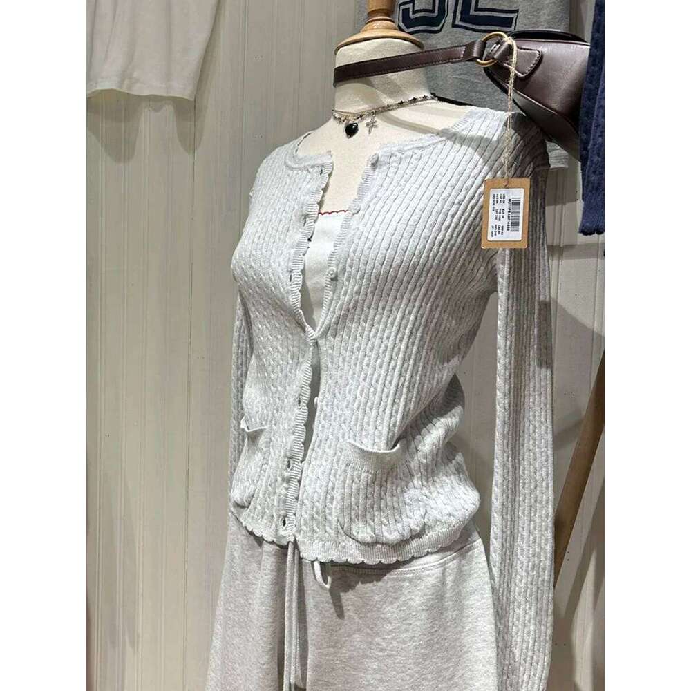 Lace Trim Twisted Cardigan Sweater Women Autumn Crew Neck Single Breasted Pocket Knitwear Sweet Casual Simple Long Sleeve Jumper Z260313