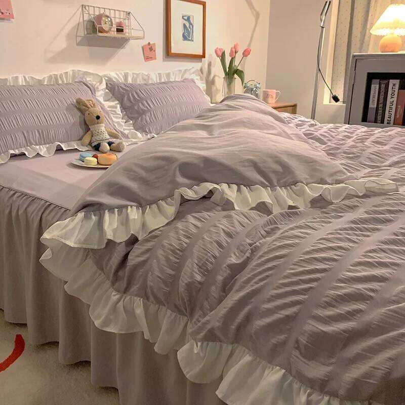 Pink Ruffled Seersucker Duvet Cover 3/4pcs Soft Lightweight Down Alternative Grey Bedding Set with Bed Skirt and Pillowcases H260312 - view 6