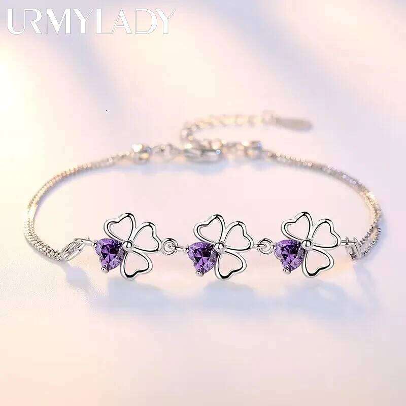NEW fine 925 Sterling Silver Purple crystal Lucky Clover Bracelets for women fashion party wedding accessories Jewelry 17CM+4CM Z260313
