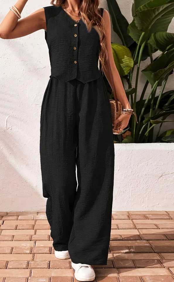 Casual Cotton Linen V-neck Single Breasted Sleeveless Vest wide Leg Pants Womens Fashionable Comfortable Daily Commuting Set M260313