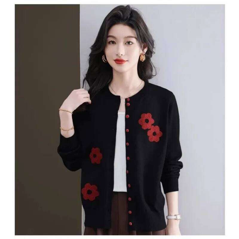 Flower Contrast Color Knitted Cardigan Round Neck Sweater Jacket Women's Top Z260313