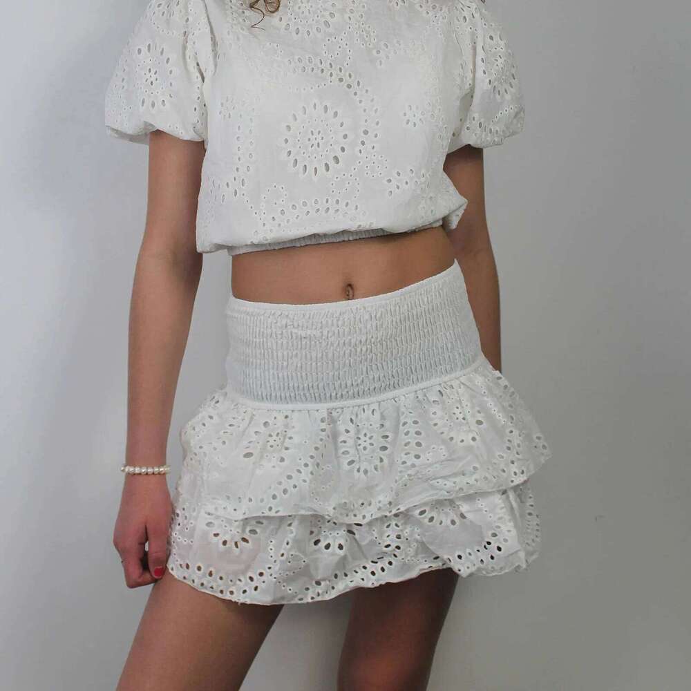 Women A-Line Pointelle High Waist Layered Ruffle Shirred Mini Skirt Summer Solid Color Sweet Skirts Black/White/Pink Z260314